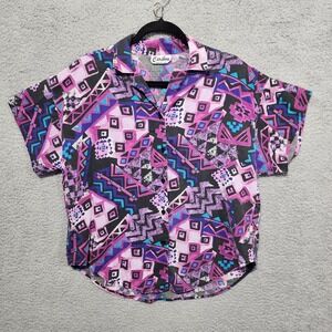 Vintage Lady Caribou Geometric Purple Button Up Short Sleeve Shirt‎ SZ 16 Plus